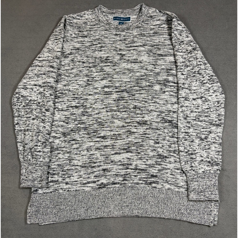Karen Scott Sweater Womens Medium Gray Marl Knit Long Sleeve Crew Neck Cotton